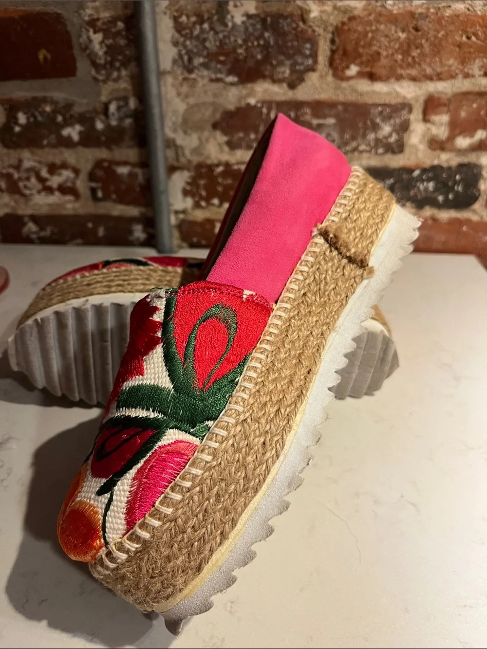 Lola Frish Floral Embroidered Platform Espadrille Slip On Size 23.5 or US 6.5